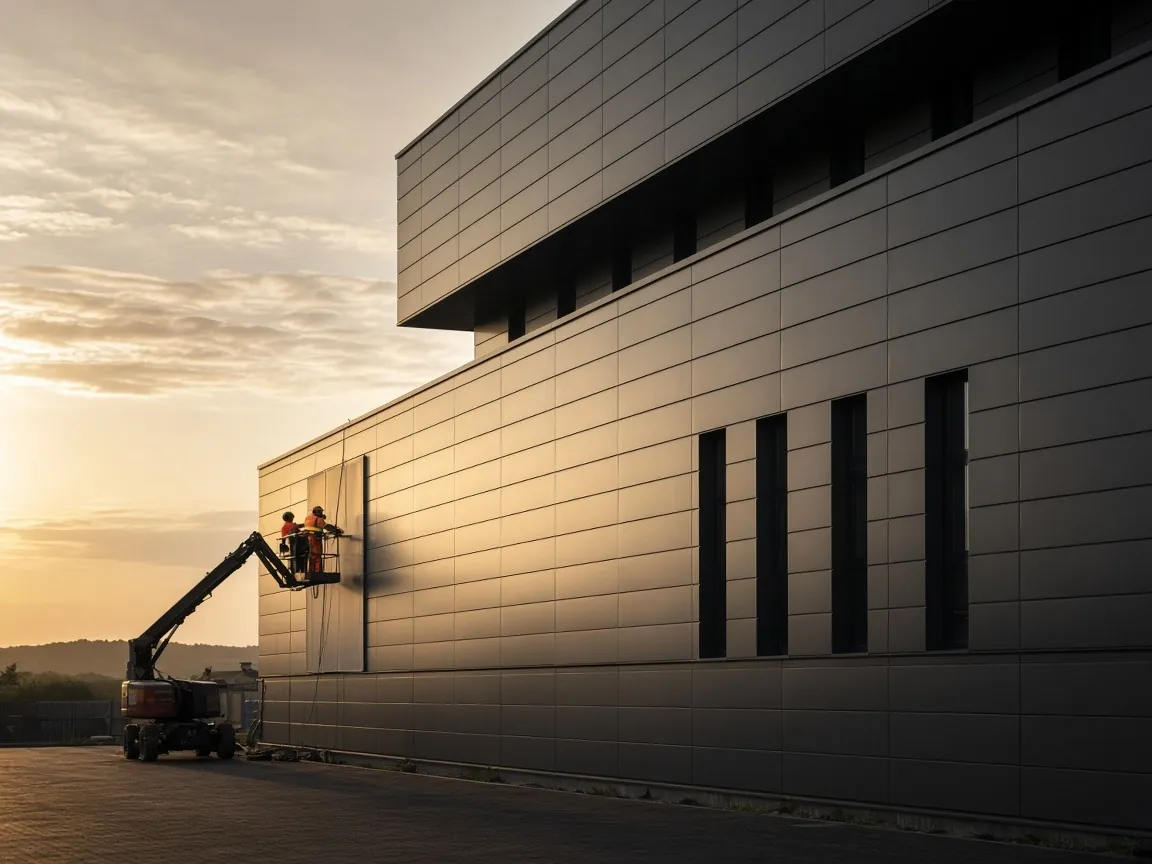 Pose de bardage métallique sur un bâtiment tertiaire, nacelle en façade