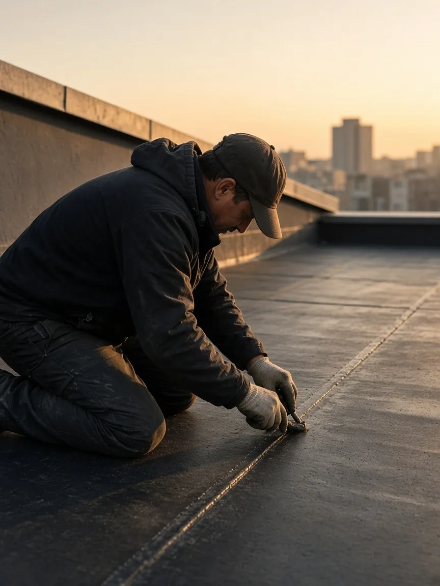 Compagnon étanchéiste au travail sur une toiture-terrasse au soleil couchant