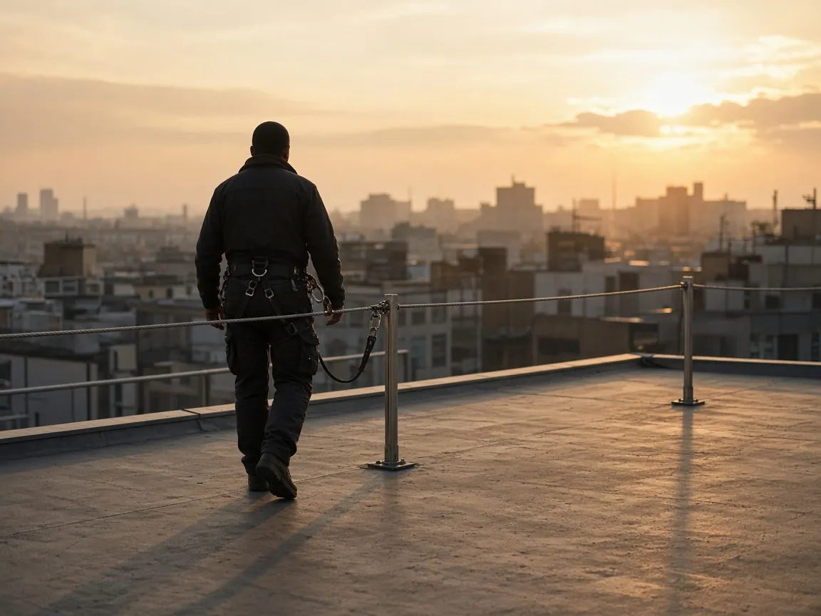 Technicien relié à une ligne de vie sur une toiture-terrasse